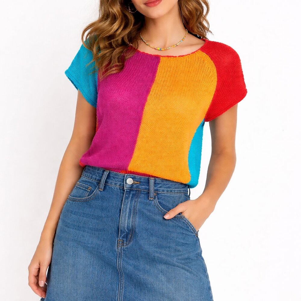 Vintage Colorful Silk Blend Knit hippie Artsy Color Block statement Top/M
